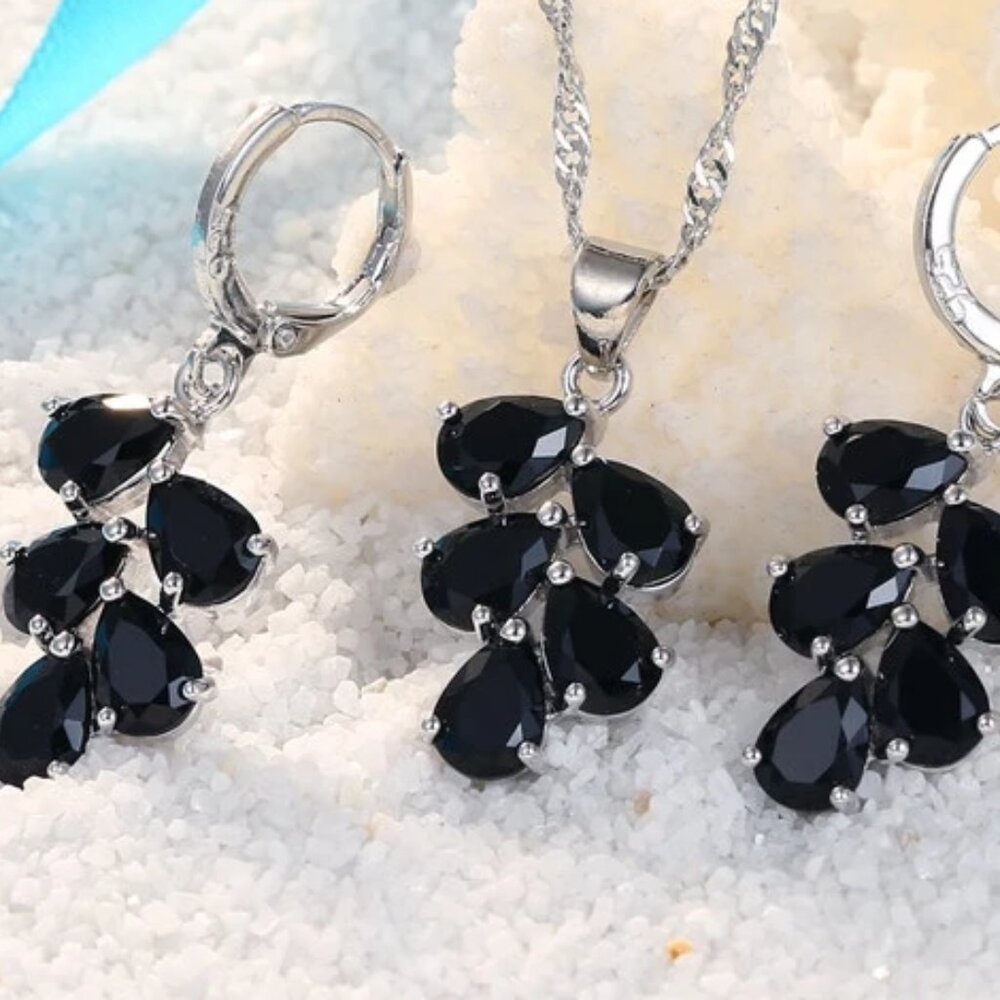 NWOT  Black Austrian Crystal and Sterling Silver Necklace and Earring Set